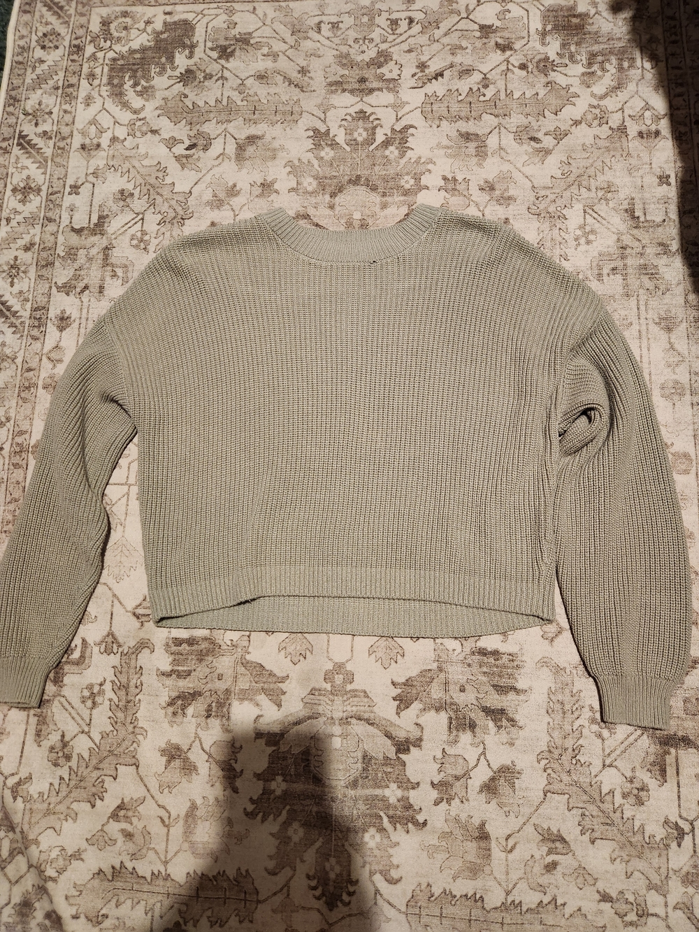 Cropped Ribbed Crewneck Sweater in Sage Green